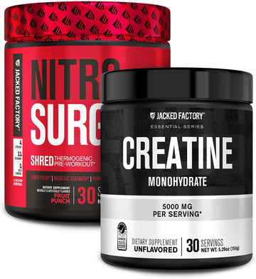 Jacked Factory Nitrosurge Shred Pre Workout Supplement (Fruit Punch, 30 Servings) & Creatine Monohydrate Powder (Unflavored, 30 Servings)