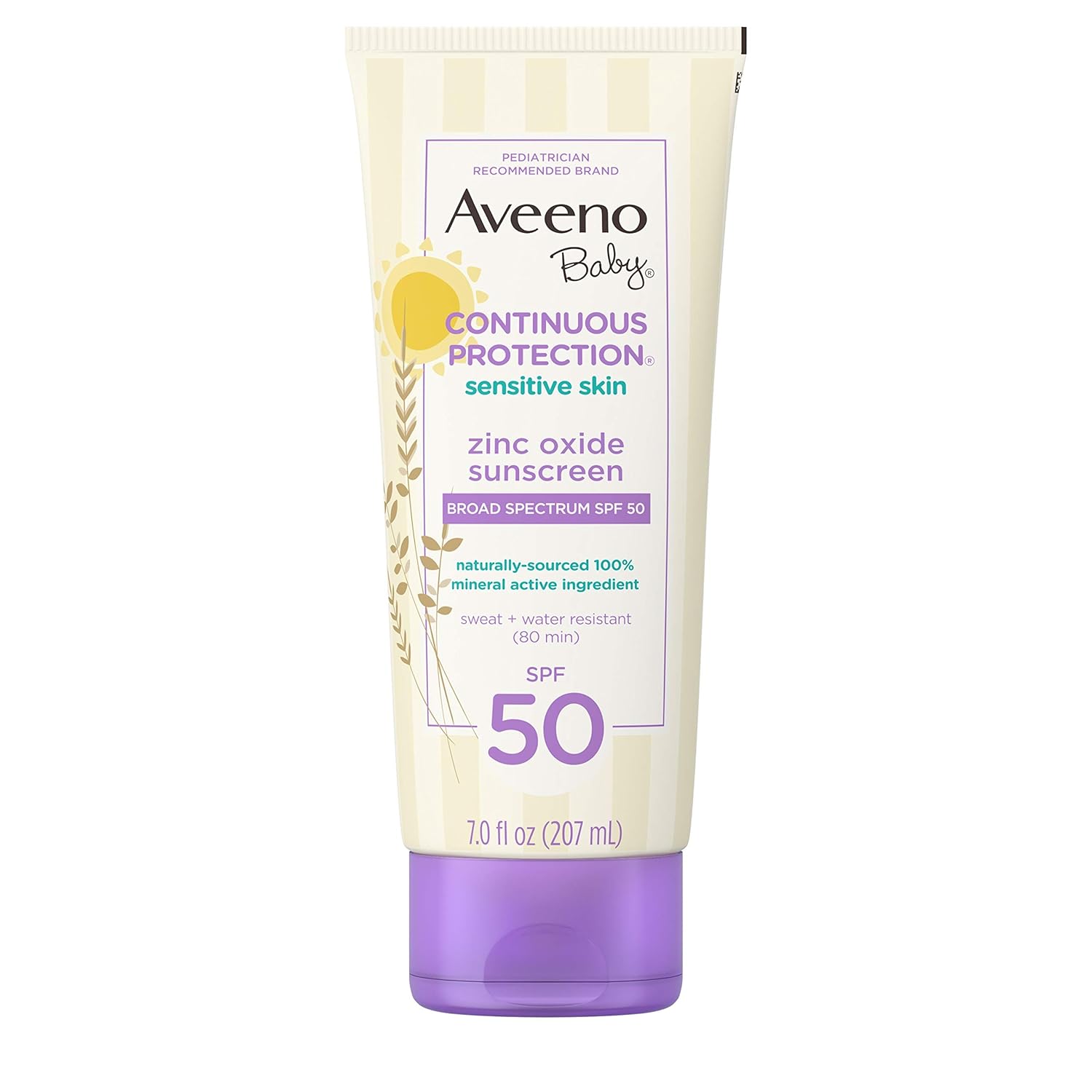 Aveeno Baby Continuous Protection Zinc Oxide Mineral Sunscreen Lotion For Sensitive Skin, Broad Spectrum Spf 50, Tear-Free, Sweat- & Water-Resistant, Paraben-Free, Non-Greasy, 7 Fl. Oz