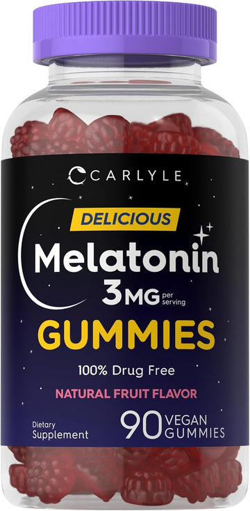 Carlyle Melatonin Gummies 3Mg | 90 Count | Fruit Flavor Gummy Supplement | 100% Drug Free Support | Vegan, Non-Gmo, Gluten Free