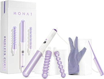 MONAT Endless Curls Wand Curling Iron – Interchangeable 2 in 1 Beach Waver Hair Curler with 6 Temperature Settings – 1.5 Inch Spiral Wand Hair Curling Iron for Bouncy Curls – Includes Thermic Glove