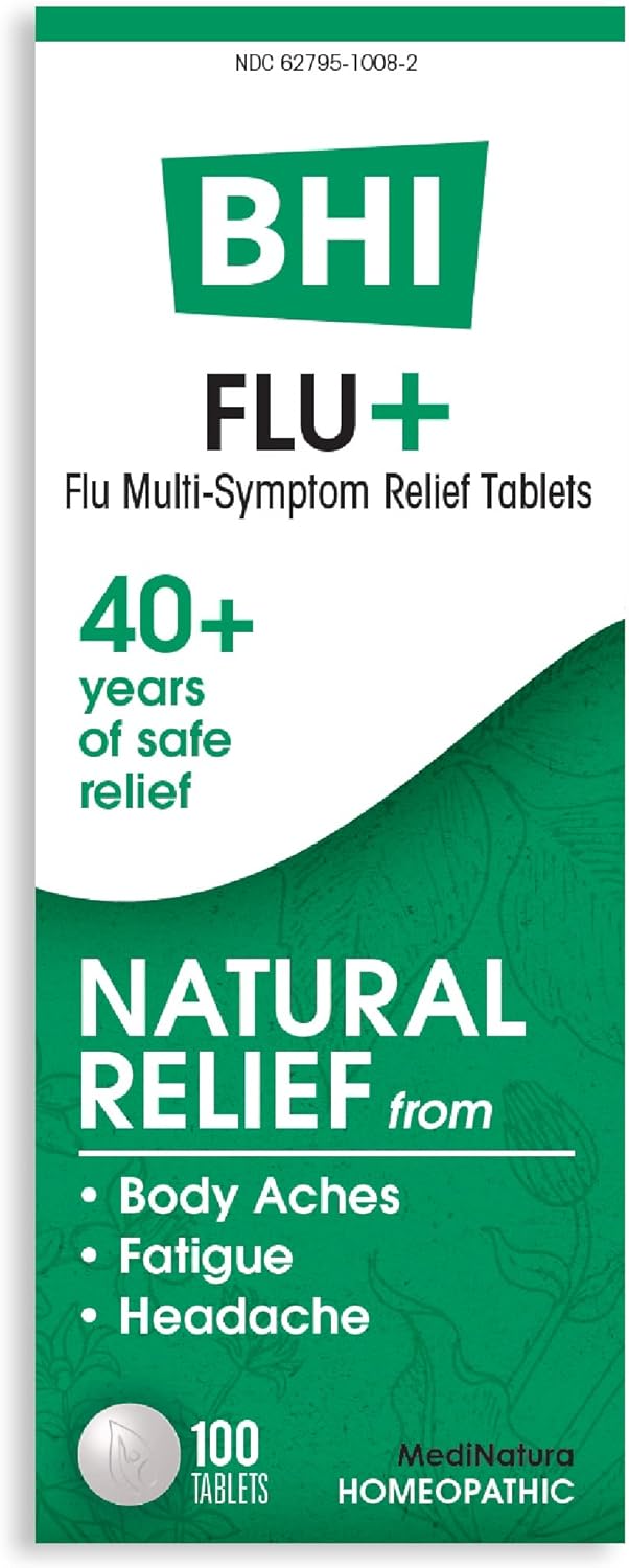 BHI Flu + Cold Multi-Symptom Relief Natural Safe Non-Drowsy Remedy 11 Targeted Homeopathic Active Ingredients for Body Aches, Fatigue, Chills & Headache - 100 Tablets