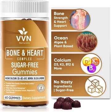 VVN Naturals Vegan Calcium Gummies K2 Vitamin Supplement with MK-7 & Vitamin D3, Magnesium & 13 Trace Minerals, Supporting Bone Density | Plant Based | B12 - Bone & Heart Complex, 60 ct