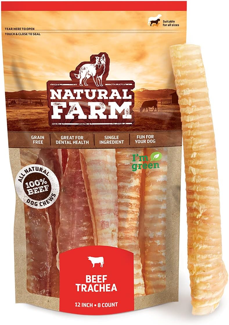 Natural Farm Beef Trachea (12 Inch, 8 Pack), 100% Beef Chews, Natural Glucosamine and Chondroitin for Joint & Hip Mobility, Bone Strength – Low Fat Crunchy & Crispy Treats for All Dogs