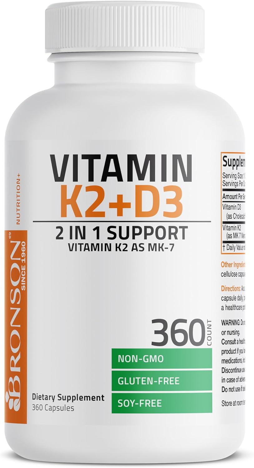 Bronson Vitamin K2 (MK7) with D3 Supplement Non-GMO Formula 5000 IU Vitamin D3 & 90 mcg Vitamin K2 MK-7 Easy to Swallow Vitamin D & K Complex, 360 Capsules : Health & Household