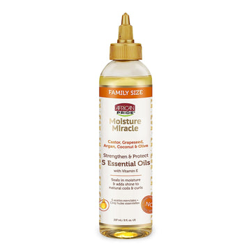 African Pride Moisture Miracle 5 Essential Hair Oils - Contains Castor, Grapeseed, Argan, Coconut & Olive Oil, Seals in Moisture & Adds Shine to Hair, Vitamin E, 8 oz