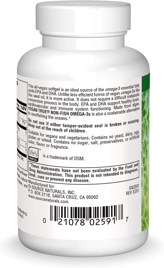 Source Naturals Vegan True, Non-Fish Omega-3s, EPA-DHA Supports Heart and Brain Health*, 300 mg - 30 Vegan Softgels