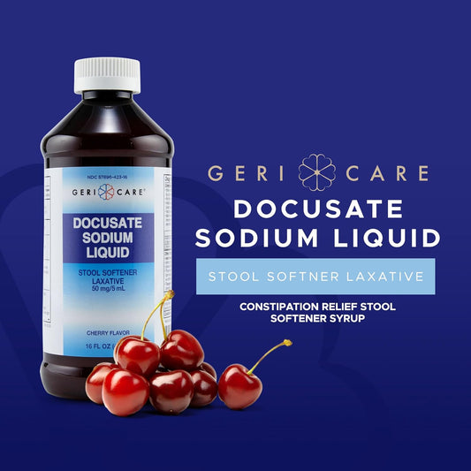 Docusate Sodium Liquid Stool Softener By Gericare- Gentle Stimulant Laxative Liquid For Men & Women- Quick Constipation Relief Aid- Adults Daily Bowel Movement Laxative- Cherry-Flavored (16 Fl Oz)