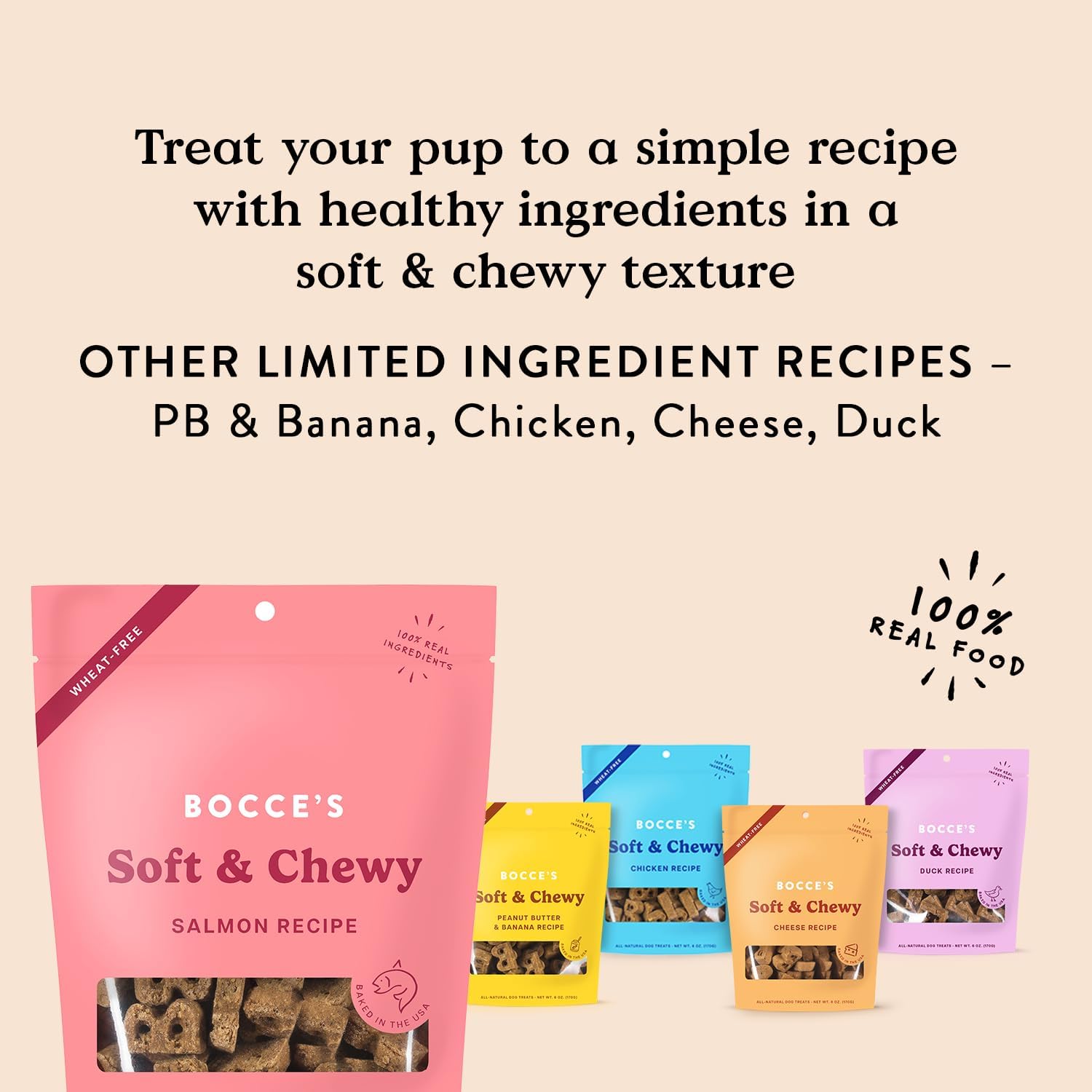 Bocce's Bakery Oven Baked Salmon Recipe Treats for Dogs, Wheat-Free Everyday Dog Treats, Made with Real Ingredients, Baked in The USA, All-Natural Soft & Chewy Cookies, Salmon, 6 oz : Pet Supplies