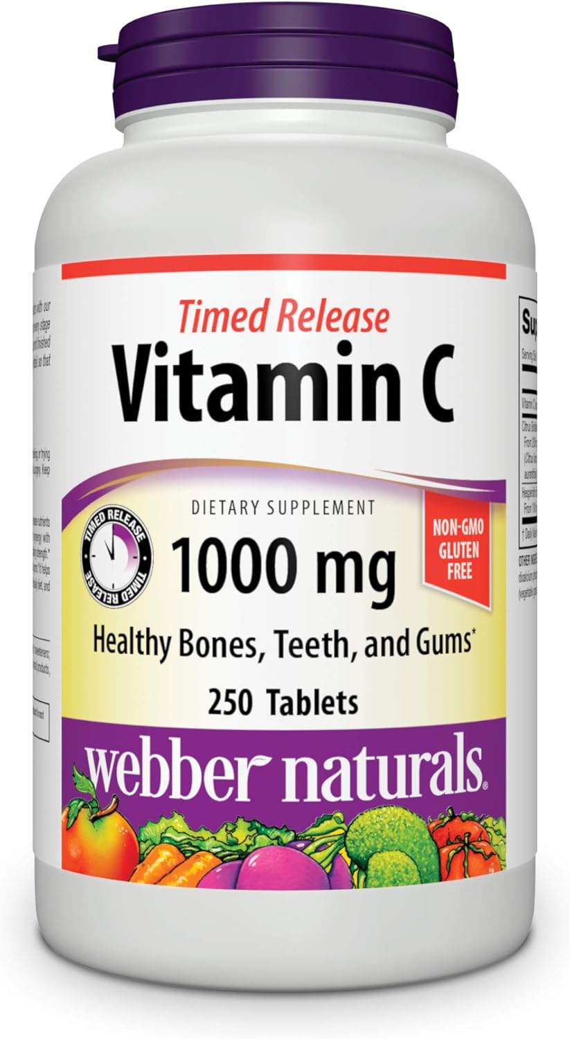 Webber Naturals Vitamin C Timed Release, 1,000 mg of Vitamin C in Each Tablet, 250 Tablets, Free of GMOs, Gluten and Diary, Suitable for Vegetarians and Vegans, for Immune and Antioxidant Support