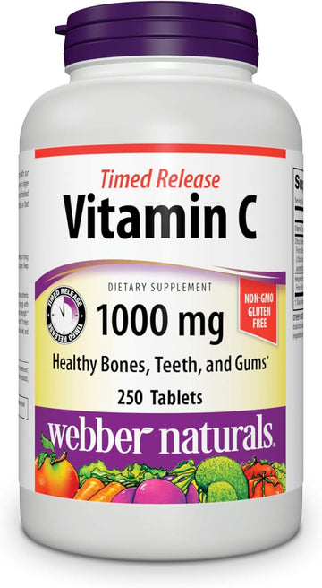 Webber Naturals Vitamin C Timed Release, 1,000 mg of Vitamin C in Each Tablet, 250 Tablets, Free of GMOs, Gluten and Diary, Suitable for Vegetarians and Vegans, for Immune and Antioxidant Support