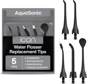 Aquasonic Icon Water Flosser Replacement Tips - 5 Tips, 4 Types: Standard, Periodontal, Orthodontic & Tongue Scraper - Genuine, Authentic Parts (Blush)