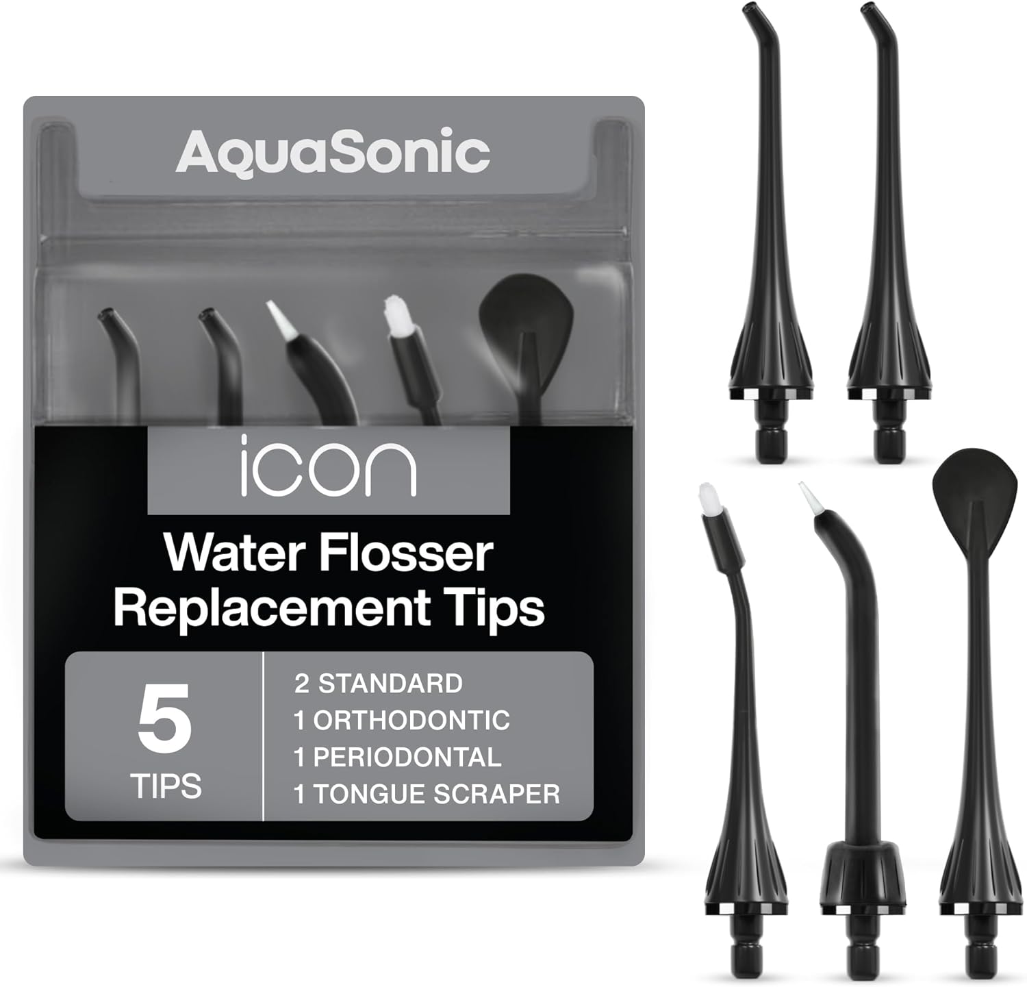 Aquasonic Icon Water Flosser Replacement Tips - 5 Tips, 4 Types: Standard, Periodontal, Orthodontic & Tongue Scraper - Genuine, Authentic Parts (Onyx)