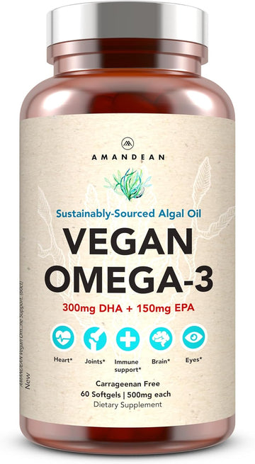 Amandean Vegan Omega 3 Supplement. Premium Fish Oil Alternative. Algae Dha & Epa. Carrageenan Free Softgels. Algal Essential Fatty Acids. Plant Based Heart, Brain, Eye, Skin, Immune Support. (120Ct)