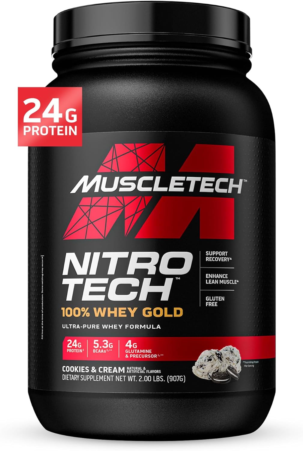 Muscletech Whey Protein Powder (Cookies & Cream, 2Lb) - Nitro-Tech Whey Protein Isolate Smoothie Mix For Lean Muscle & Fast Recovery - 24G Of Whey Gold Protein For Women & Men - Gluten-Free