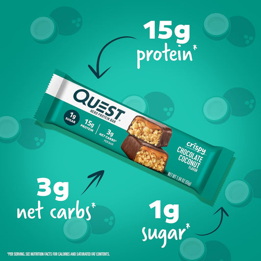 Quest Nutrition Crispy Chocolate Coconut Hero Protein Bar, 15G Protein, 1G Sugar, 3G Net Carbs, Gluten Free Protein Snack, Keto Friendly, 12 Count