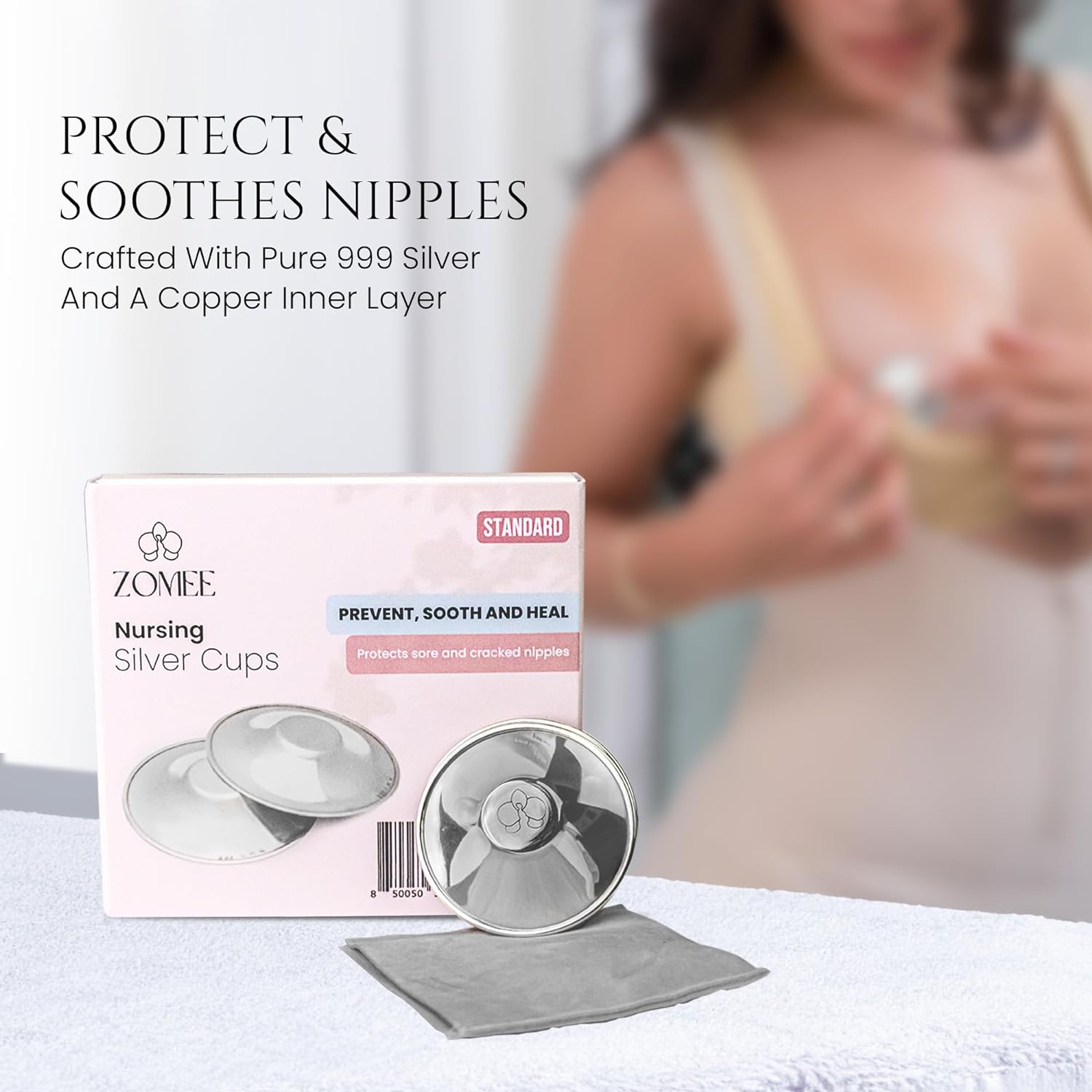 Zomee Original Silver Nursing Cups - Nipple Shields for Nursing Newborn - Breastfeeding Essentials - Tri-Laminate Silver Protect and Soothe - Nipple Covers - Made in Italy (Standard) : Baby