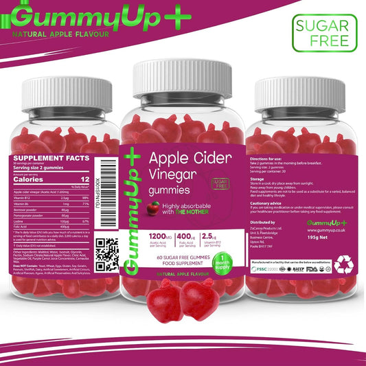 Apple Cider Vinegar Gummies with The Mother, Sugar Free, 1200mg Acetic Acid, 400 ?g Folic Acid, 2.5 ?g Vitamin B12, 60 Natural Apple Flavoured Gummies