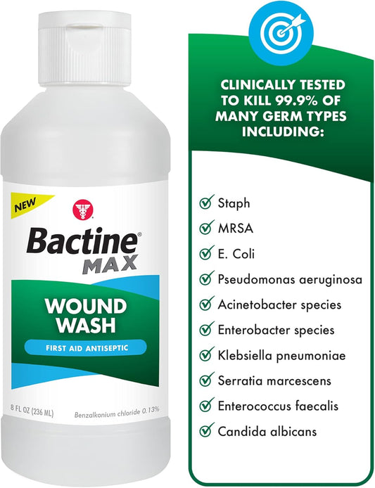 Bactine Max First Aid Wound Wash - Antiseptic Liquid Kills 99.9% Of Germs - Infection Protection For Minor Cuts, Scrapes, And Burns - First Aid Solution - 8Fl Oz