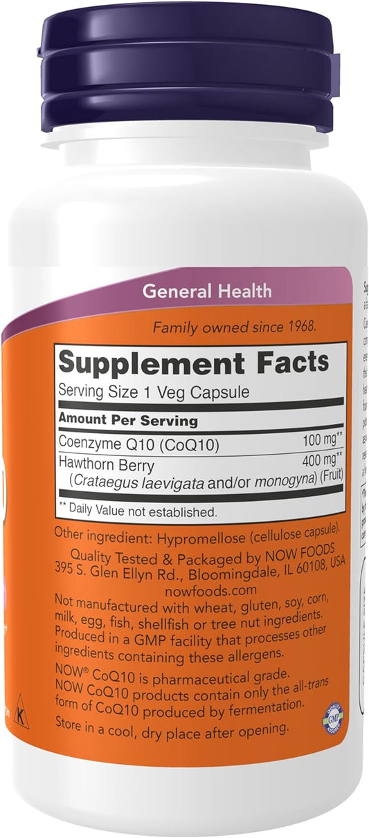 NOW Supplements, CoQ10 100 mg with Hawthorn Berry, Pharmaceutical Grade, All-Trans Form produced by Fermentation, 90 Veg Capsules