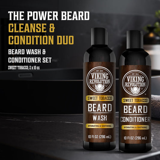 Viking Revolution Beard Wash And Beard Conditioner For Men With Argan Oil And Jojoba Oil - Beard Softener And Strengthener Beard Care Beard Shampoo And Conditioner With Beard Oil (10Oz, Sweet Tobacco)