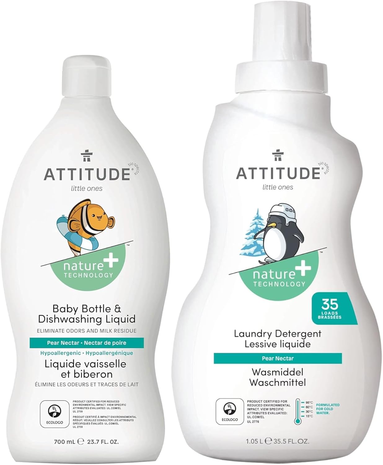 Bundle Of Attitude Baby Dish Soap And Bottle Cleaner, Ewg Verified, Pear Nectar, 23.7 Fl Oz + Baby Laundry Detergent, He Compatible, Pear Nectar, 35 Loads, 35.5 Fl Oz