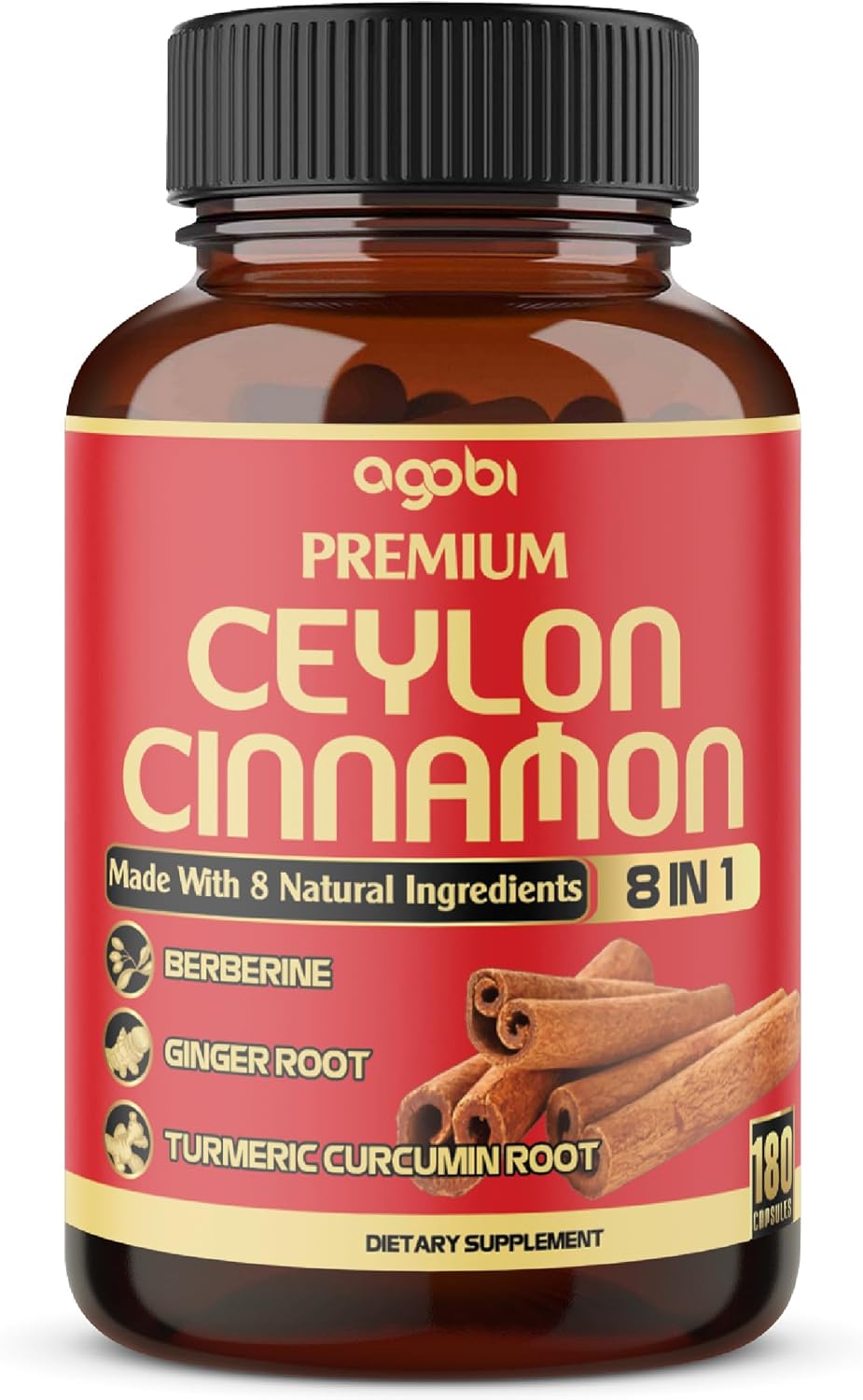 Premium Ceylon Cinnamon With Berberine Supplement - 8In1 Turmeric, Ginger, Gymnema & More - Body, Heart & Immune Support - 180 Capsules