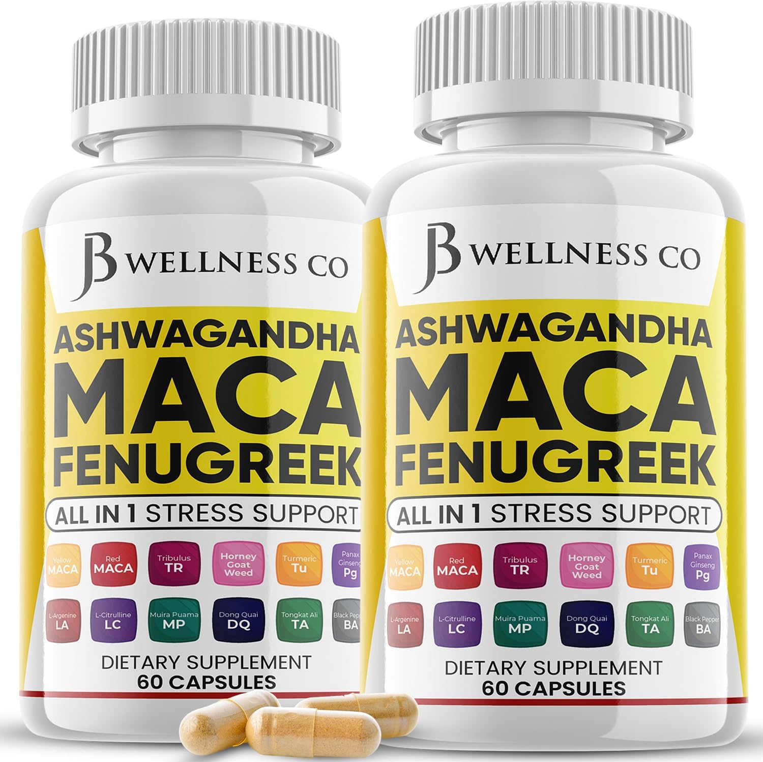 Ashwagandha Maca Root, Fenugreek Supplement With Tongkat Ali Ginseng - Assists With Mood & Thyroid Health - 60 Count