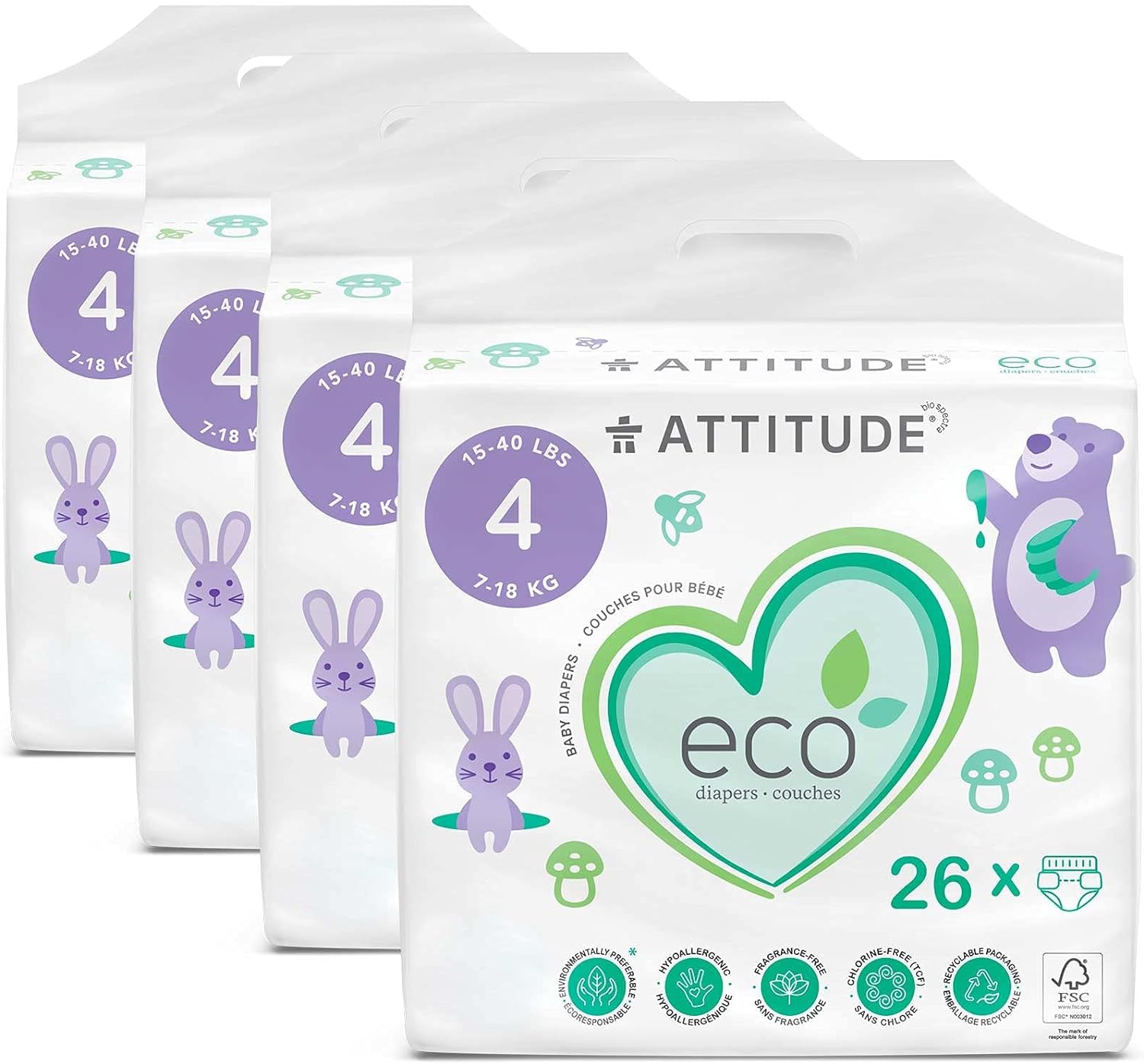 ATTITUDE Eco-Friendly Diapers, Non-Toxic, Hypoallergenic, Safe for Sensitive Skin, Chlorine-Free, Leak-Free & Biodegradable Baby Diapers, Plain White, Size 4 (15-40 lbs), 104 Count (4 Packs of 26)