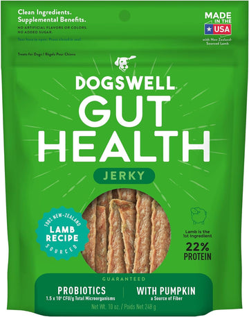 Dogswell Gut Health Meaty Jerky Dog Treats, Lamb, 10 Oz. Pouch