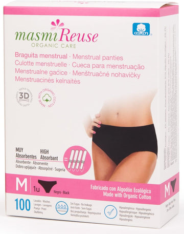 Masmi Highly Absorbent Washable Reusable Period Pants, Equivalent To 4 Tampons, Gots Organic Cotton, 100 Washes (Medium), Black