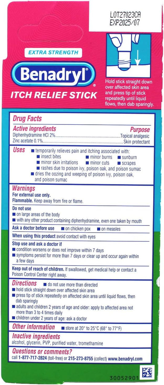 Benadryl Extra Strength Itch Relief Stick, Diphenhydramine Hcl Topical Analgesic & Zinc Acetate To Relieve Skin Itching & Pain Associated With Insect Bites, Sunburn & More, 0.47 Fl. Oz