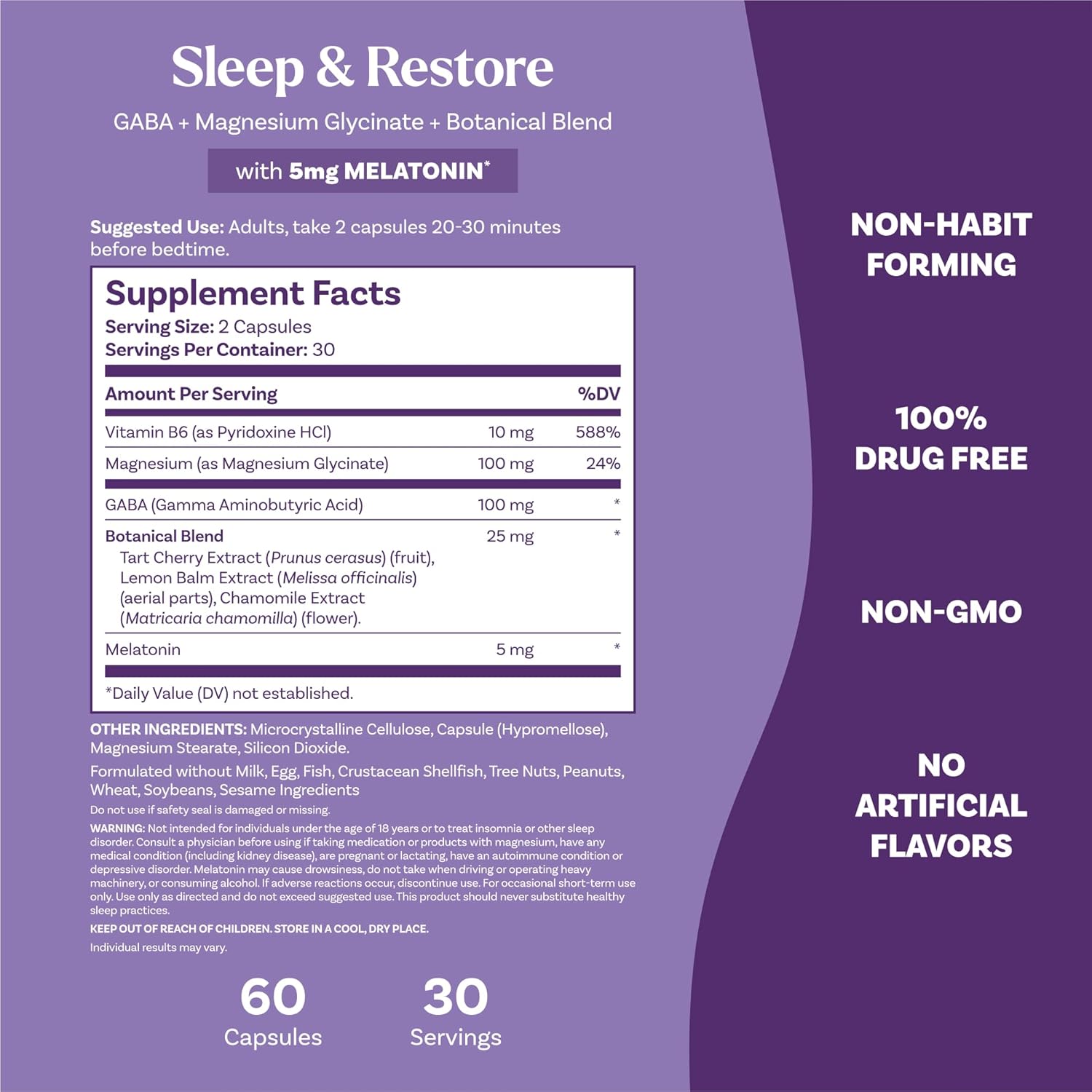 Natrol Sleep + Restore Capsules - Calm Magnesium Glycinate, Magnesium Sleep Aid With Gaba, Melatonin 5Mg, Botanical Blend, 30 Day Supply