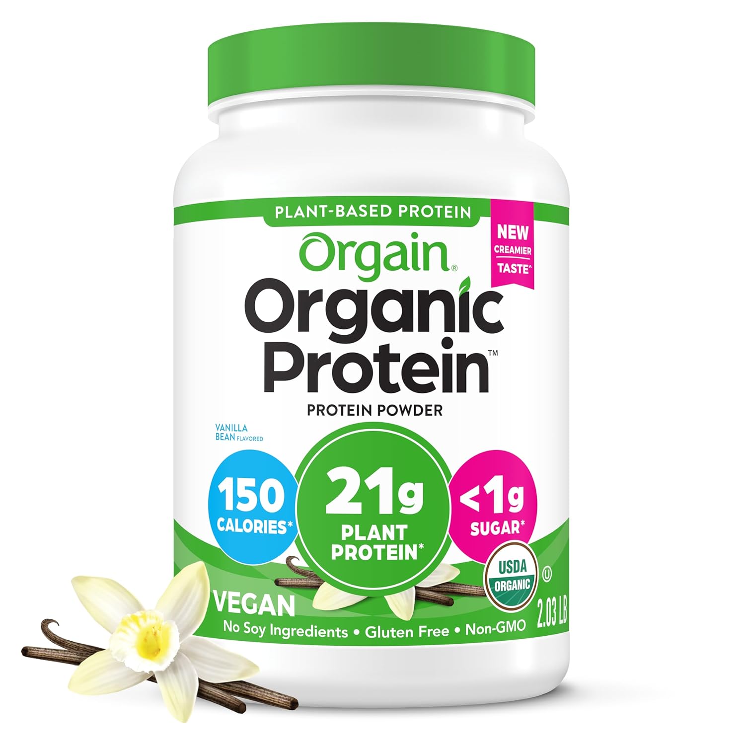 Orgain Organic Vegan Protein Powder, Vanilla Bean - 21G Plant Protein, 6G Prebiotic Fiber, No Lactose Ingredients, No Added Sugar, Non-Gmo, For Shakes & Smoothies, 2.03 Lb (Packaging May Vary)