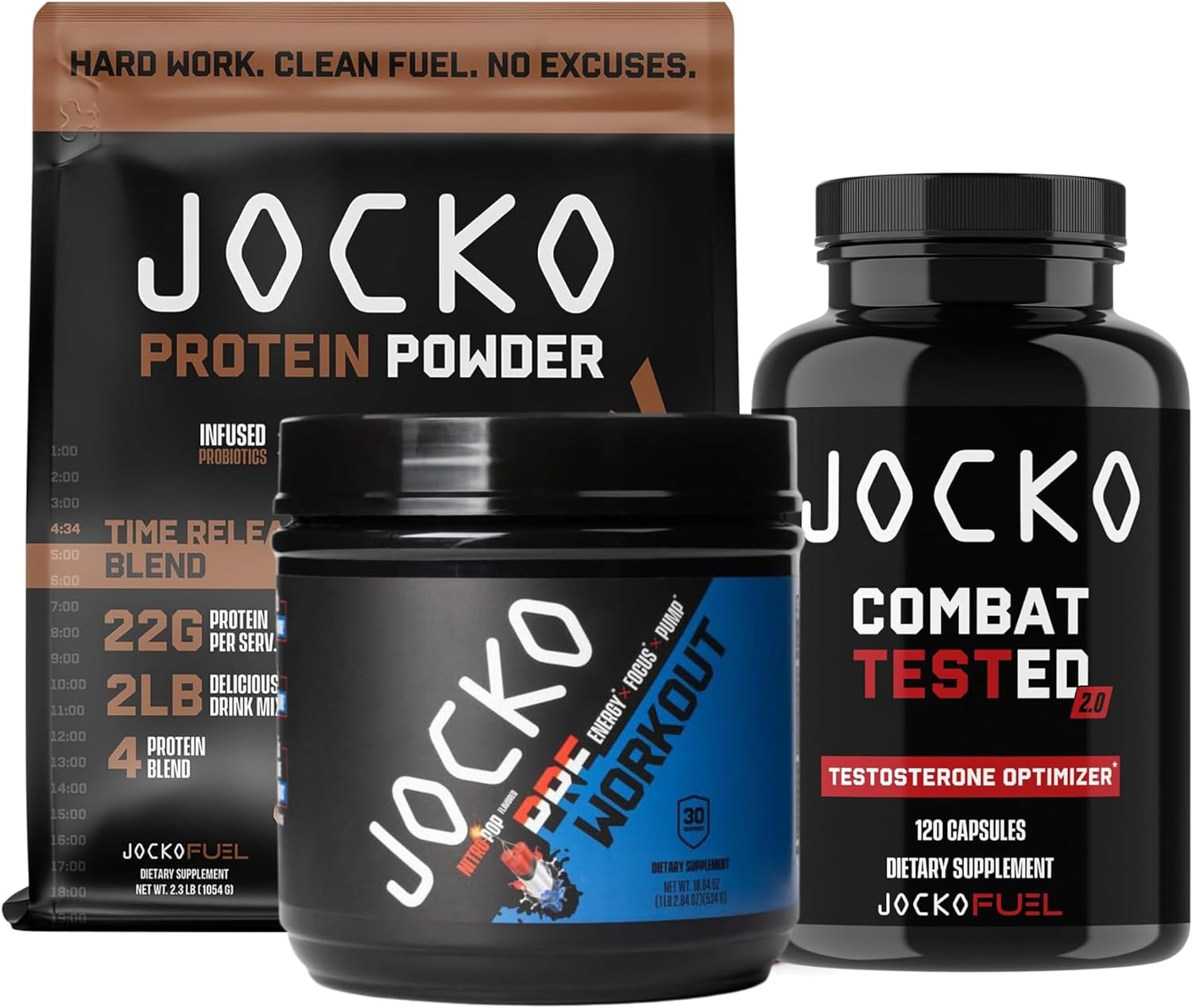 Jocko Fuel Ultimate Gym Bundle - Chocolate Protein Powder + Nitro Pop Pre Workout + Combat Tested 2.0 - (3 Pack Bundle)