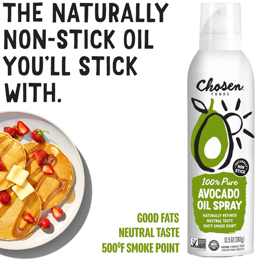 Chosen Foods 100% Pure Avocado Oil Spray, Keto And Paleo Diet Friendly, Kosher Cooking Spray For Baking, High-Heat Cooking And Frying (13.5 Oz, 2 Pack)