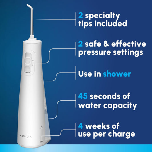 Waterpik Cordless Pulse Rechargeable Portable Water Flosser For Teeth, Gums, Braces Care And Travel With 2 Flossing Tips, Waterproof, Ada Accepted, Wf-20 White, Packaging May Vary