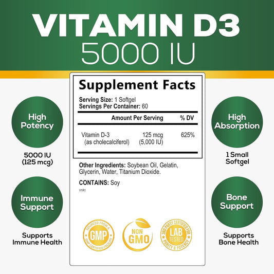 Nature's Vitamin D3 5000 IU (125 mcg) Extra Strength Vitamin D-3 Supplement for Bone, Teeth, Muscle and Immune Health Support, Dietary Supplement, Gluten Free, Non-GMO - 60 Softgels (2 Month Supply)