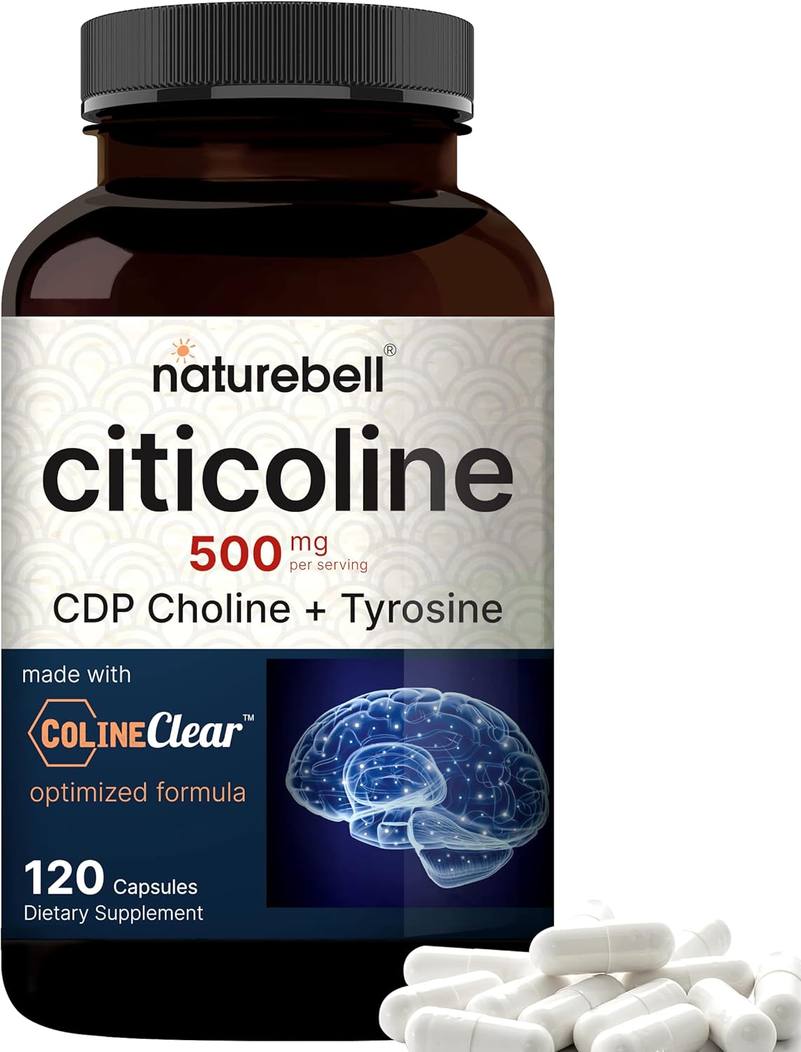 Naturebell Citicoline Supplements, Cdp Choline, Citicoline 500Mg Plus Tyrosine 50Mg Per Serving, Optimized Dosage, 120 Capsules, 2 In 1 Formula, Dual Action Brain Supplement, Non-Gmo