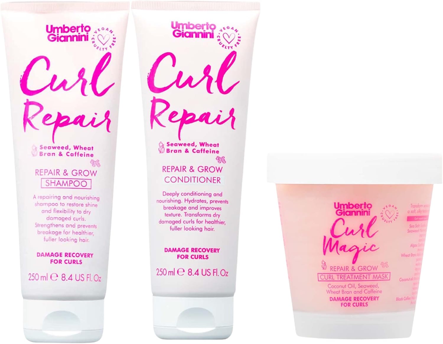 Umberto Giannini Curl Repair Shampoo, Conditioner & Mask Set, Vegan & Cruelty Free Growth Formula With Seaweed, Wheat Bran & Caffeine Curl Repair Kit