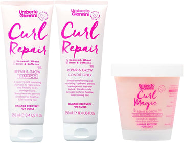 Umberto Giannini Curl Repair Shampoo, Conditioner & Mask Set, Vegan & Cruelty Free Growth Formula With Seaweed, Wheat Bran & Caffeine Curl Repair Kit