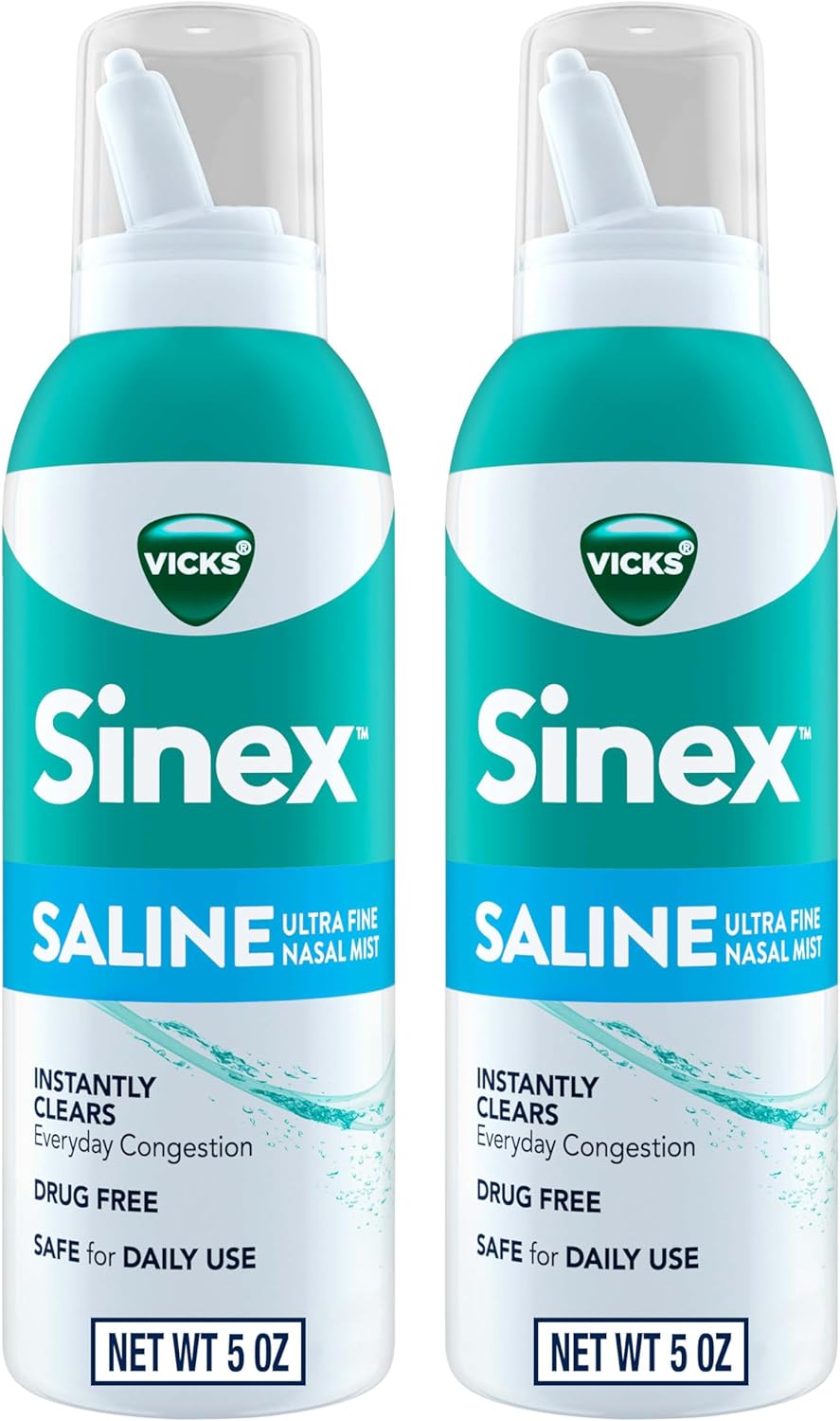Vicks Sinex SALINE Nasal Spray, Drug Free Ultra Fine Mist, Clear Everyday Sinus Congestion Fast, Clear Mucus from a Cold or Allergy, Daily Use 5.0 fl oz x 2