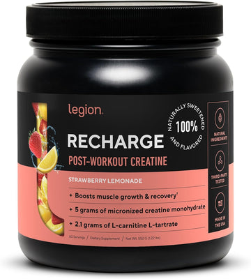 LEGION Recharge Post Workout Supplement (Strawberry Lemonade) - All Natural Muscle Builder & Recovery Drink with Micronized Creatine Monohydrate. Naturally Sweetened & Flavored 60 Serving