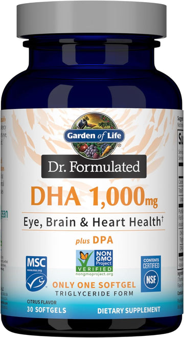 Garden of Life Dr. Formulated Once Daily 1000mg DHA Fish Oil + DPA in Triglyceride Form Softgels, Single Source Omega 3 Supplement for Ultimate Eye, Brain & Heart Health, Lemon, 30 Count