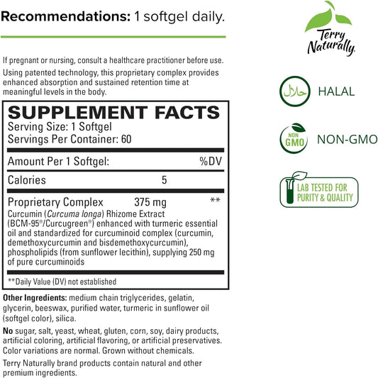 Terry Naturally CuraMed 375 mg Curcumin Complex - 60 Softgels - Superior Absorption BCM-95 - Non-GMO, Gluten-Free, Halal - 60 Servings