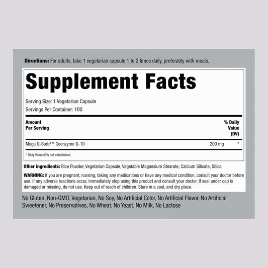 Piping Rock Coq10 200 Mg | 100 Capsules | Mega Q Sorb | Vegetarian, Non-Gmo, Gluten Free Supplement