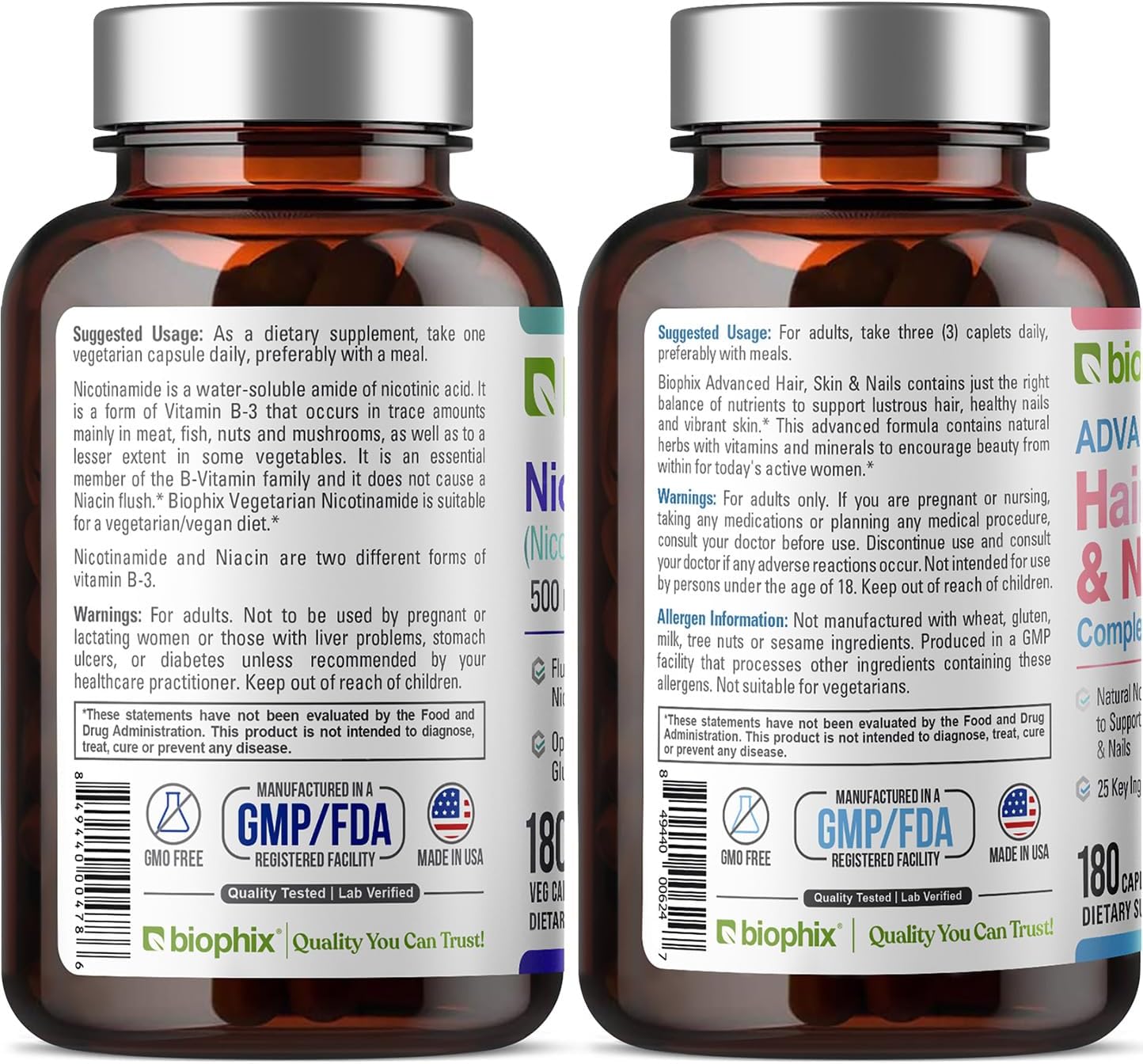 B-3 Nicotinamide 500 Mg 180 Vcaps - Hair Skin And Nails 180 Caplets 10000 Mcg Biotin - Nicotinic Amide Niacin Natural Flush-Free Vitamin Formula - Supports Skin Cell Health : Health & Household