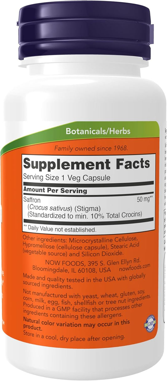 Now Foods Supplements, Saffron Whole Herb 50 Mg With 10% Crocins, 60 Veg Capsules With Microcrystalline Cellulose, Hypromellose (Cellulose Capsule), Stearic Acid (Vegetable Source) And Silicon Dioxide