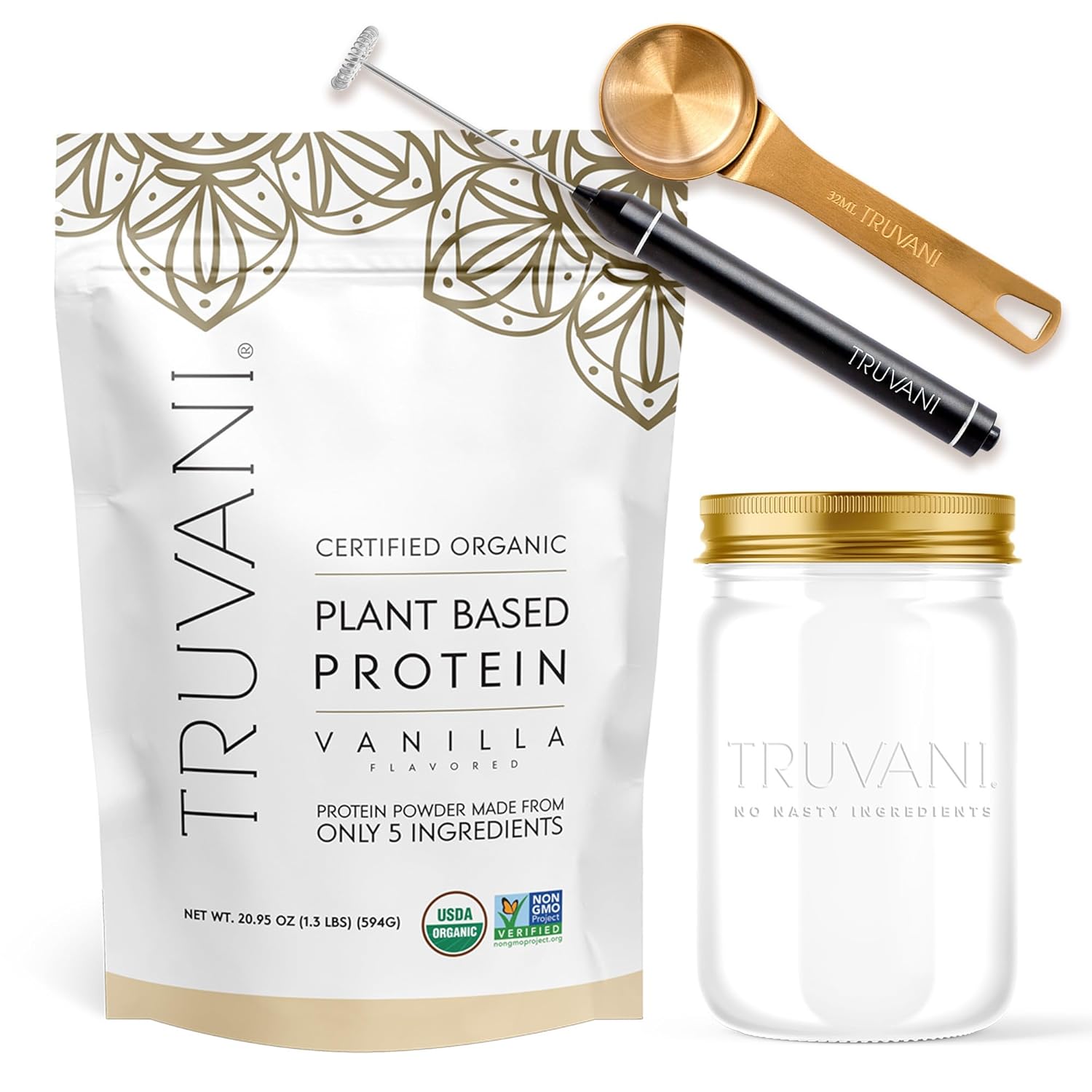 Truvani Vegan Vanilla Protein Powder With Jar, Frother & Scoop Bundle - 20G Of Organic Plant Based Protein Powder - Includes Glass Jar, Portable Mini Electric Whisk & Durable Protein Powder Scoop