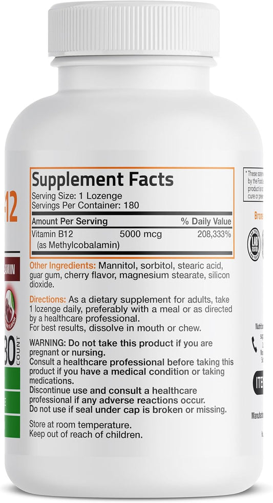 Bronson Methyl B12 5000 Mcg Vitamin B12 Methylcobalamin Energy & Brain Support, 180 Lozenges