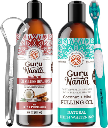 Gurunanda Coconut & Peppermint Oil Pulling (8 Fl.Oz) And Ashwagandha Oil Pulling (8 Fl Oz), Alcohol Free Whitening Mouthwash For Fresh Breath & Whiter Teeth